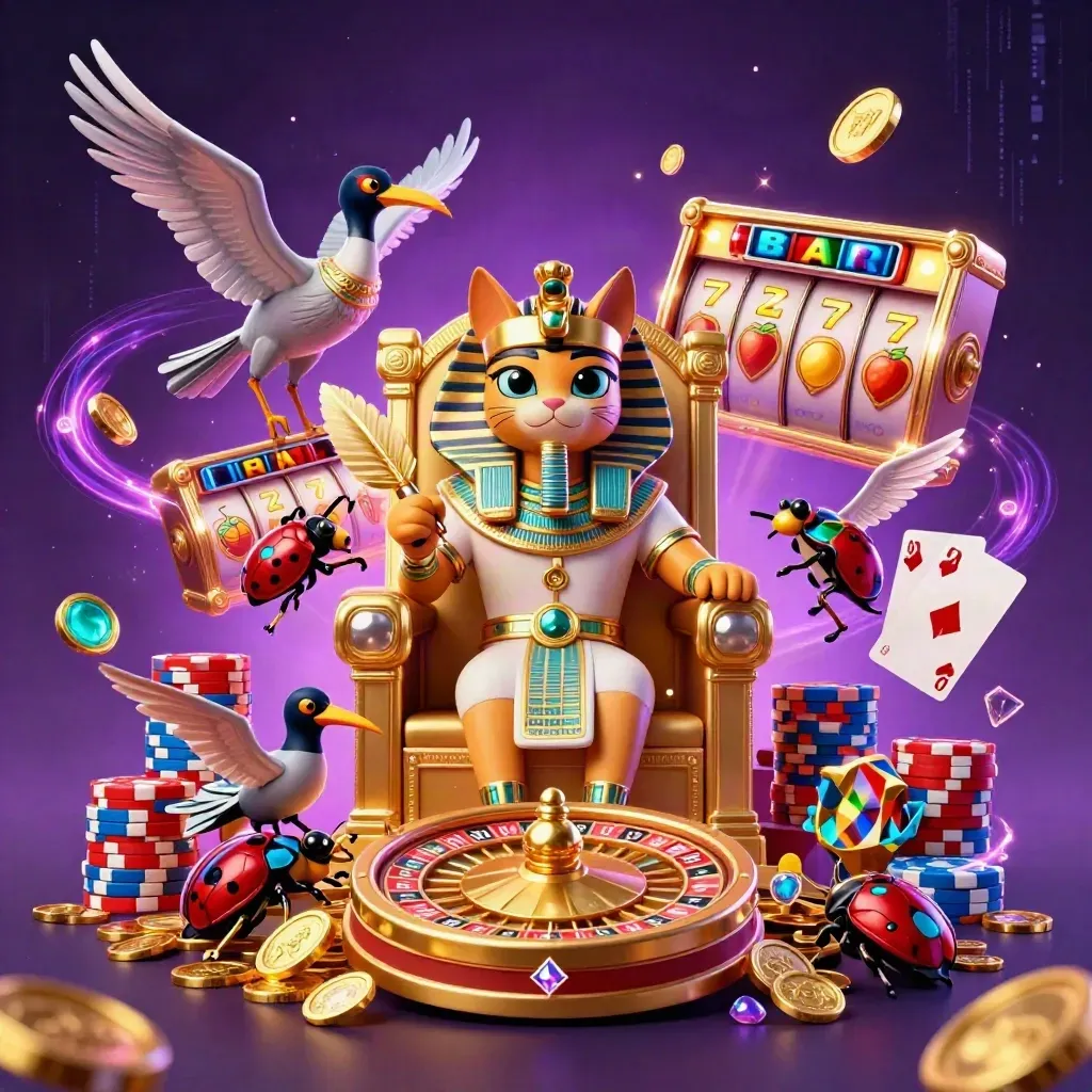 Pharaoh cat, ibis scribe, and gem-winged scarabs amid casino loot in purple-gold glow.