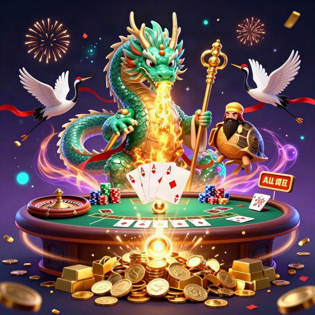 Emerald dragon, turtle sage and cranes amid casino gold, fireworks and spinning chips.