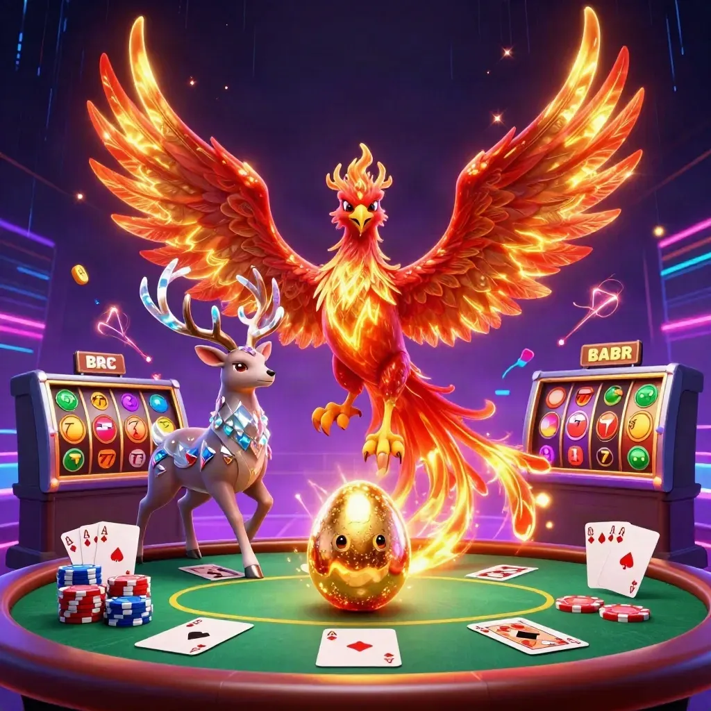 Fire phoenix, baby phoenix, crystalline stag, casino chips, reels, and neon energy on dark indigo.