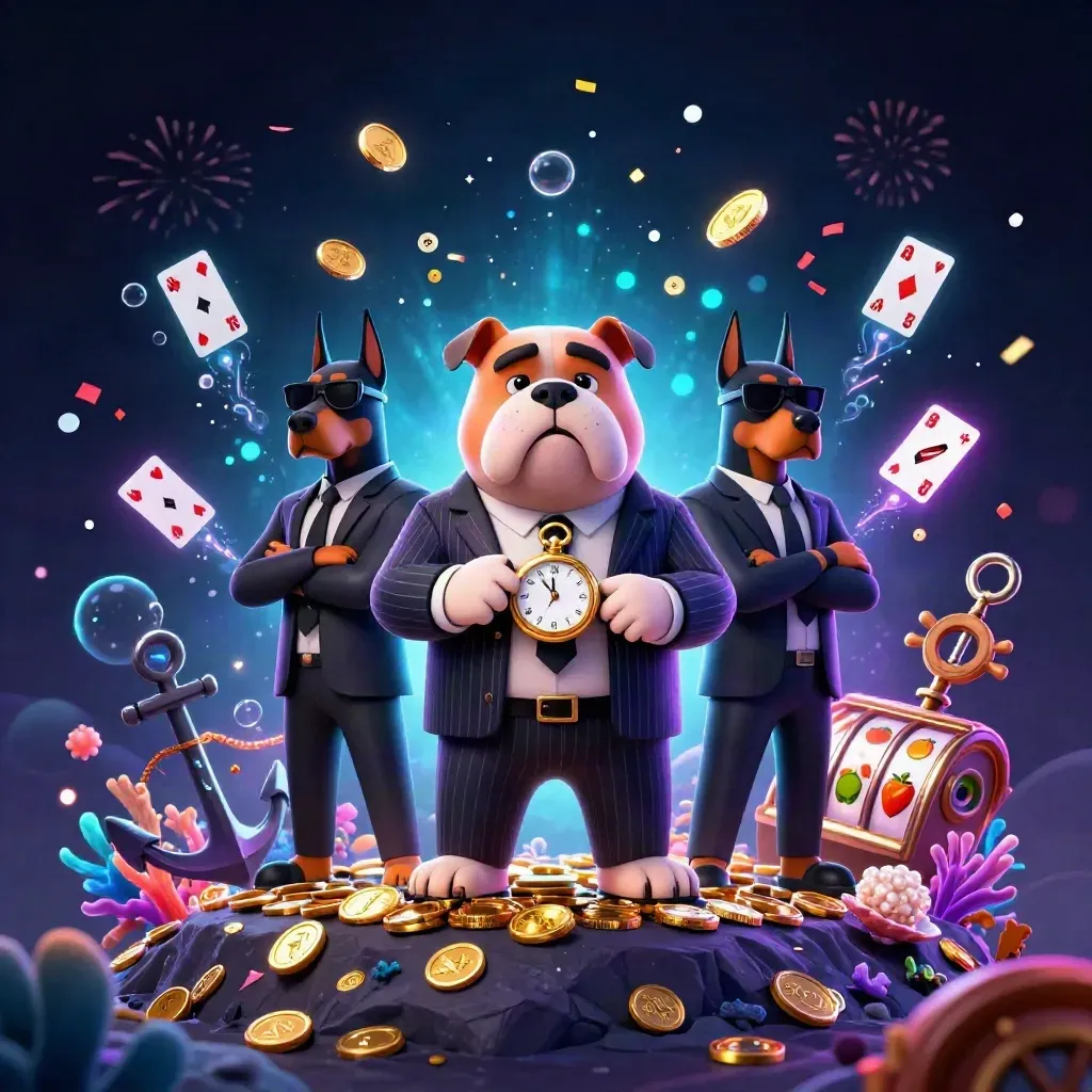 Bulldog boss and Doberman guards in a glowing gold casino treasure cove with slots and coins
